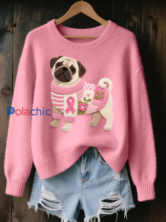 Pull confortable en tricot à motif de carlin en feutre pour femme Rose / S