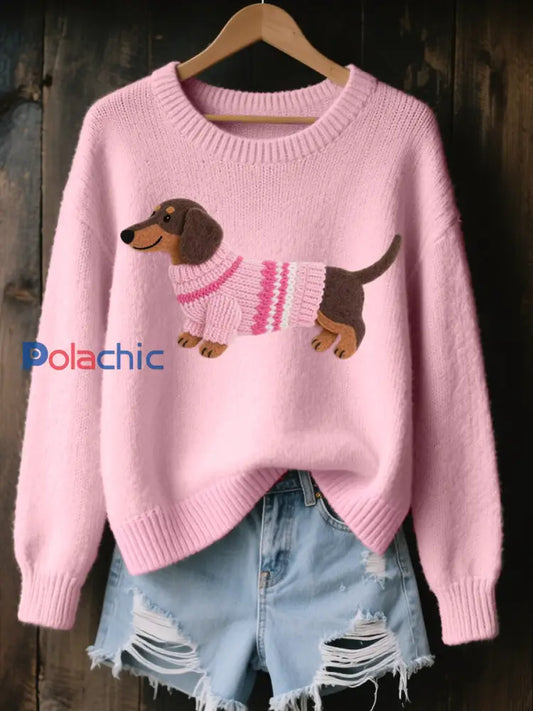 Pull confortable en tricot à motif de feutre de teckel pour femmes Rose / S
