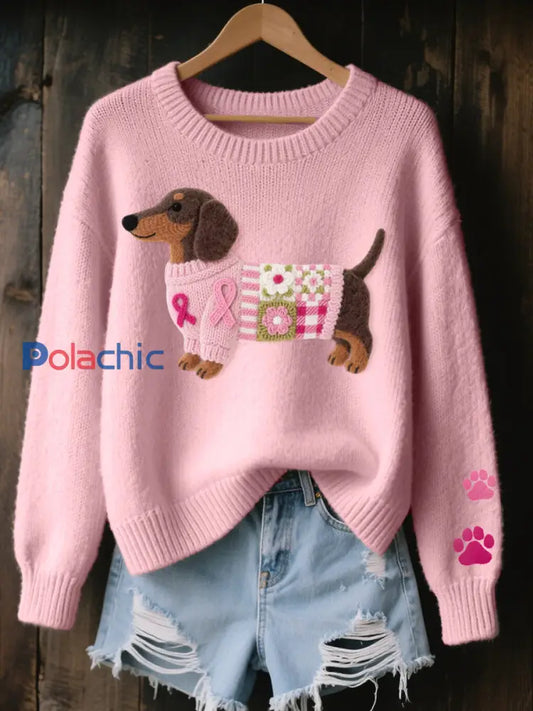 Pull confortable en tricot à motif de teckel Art en feutre de laine pour femmes Rose / S