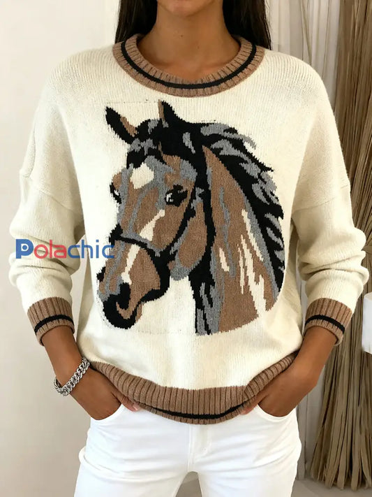 Pull Cozy en Tricot à Motif de Cheval Vintage pour Femme Abricot / S