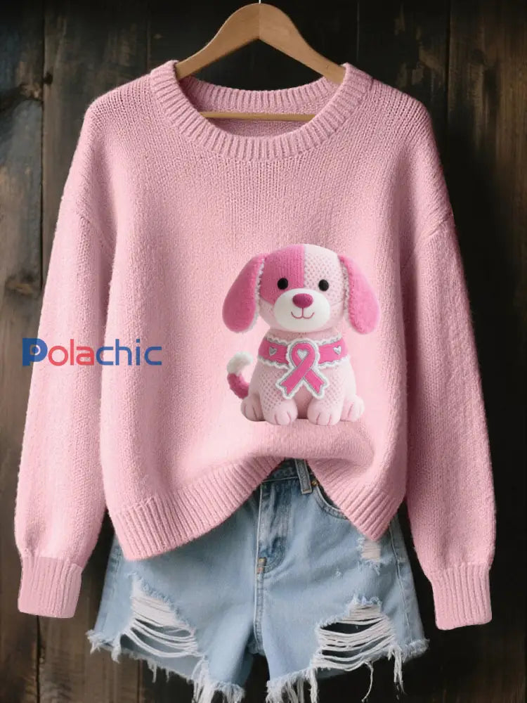 Pull Cozy en Tricot Femme Rose Imprimé Cancer Du Sein Rose / S