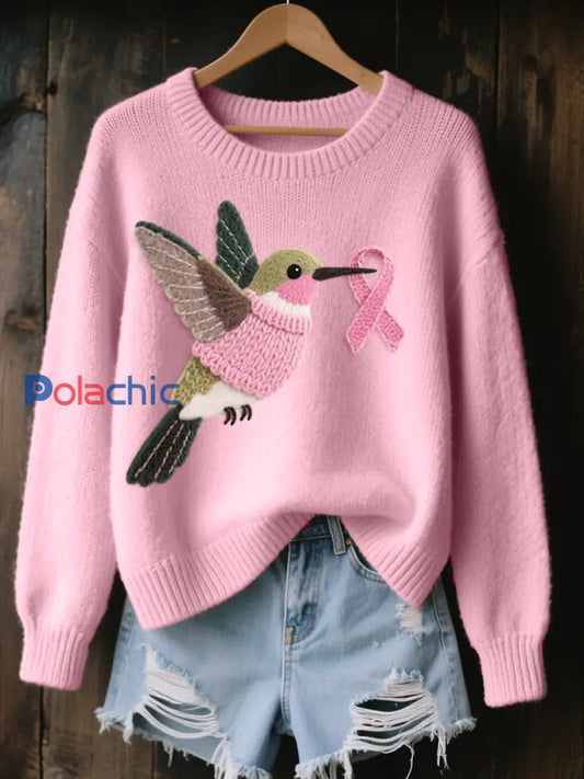 Pull Cozy en Tricot Motif Colibri en Feutre pour Femme Rose / S