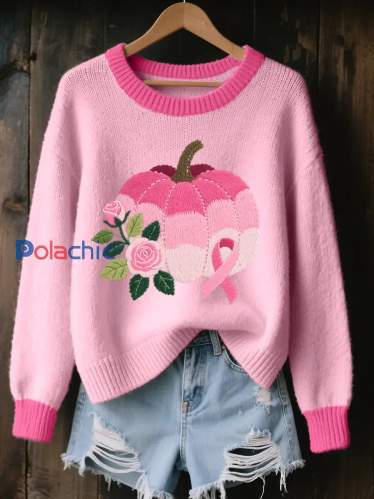 Pull Cozy Femme Rose Brodé Citrouille Et Rose Rose / S