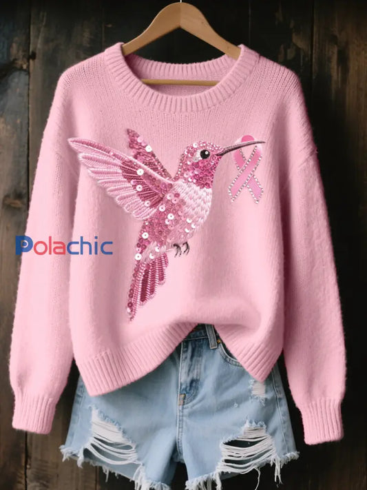 Pull Cozy Femme Rose Brodé Colibri Rose / S