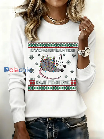 Pull de Noël pour femme Overstimulated mais festive Possum Blanc / S