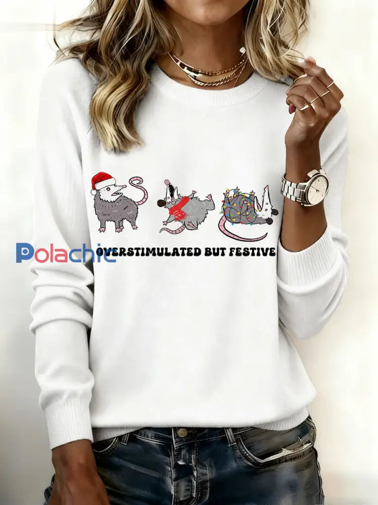 Pull de Noël pour femme Overstimulated mais festive Possum Blanc / S
