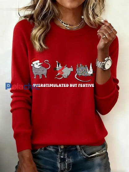 Pull de Noël pour femme Overstimulated mais festive Possum Rouge / S