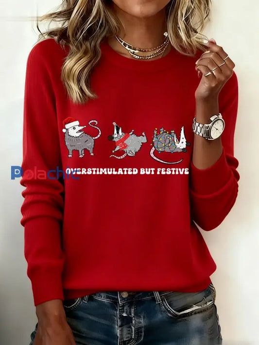 Pull de Noël pour femme Overstimulated mais festive Possum Rouge / S
