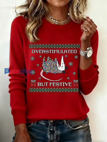 Pull de Noël pour femme Overstimulated mais festive Possum Rouge / S