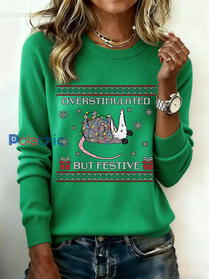 Pull de Noël pour femme Overstimulated mais festive Possum Vert / S
