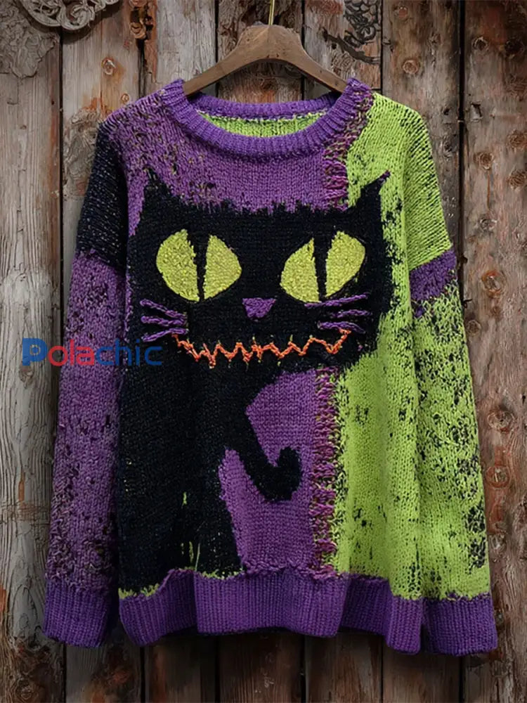 Pull décontracté à imprimé chat vintage pour femmes A / S