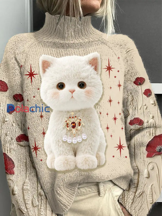 Pull Décontracté Chaton Mignon Femme Kaki / S