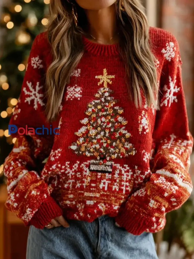 Pull décontracté confortable à imprimé d’art de Noël rétro pour femmes A / S