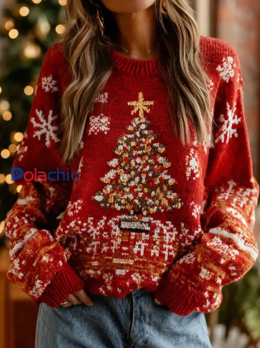 Pull décontracté confortable à imprimé d’art de Noël rétro pour femmes A / S