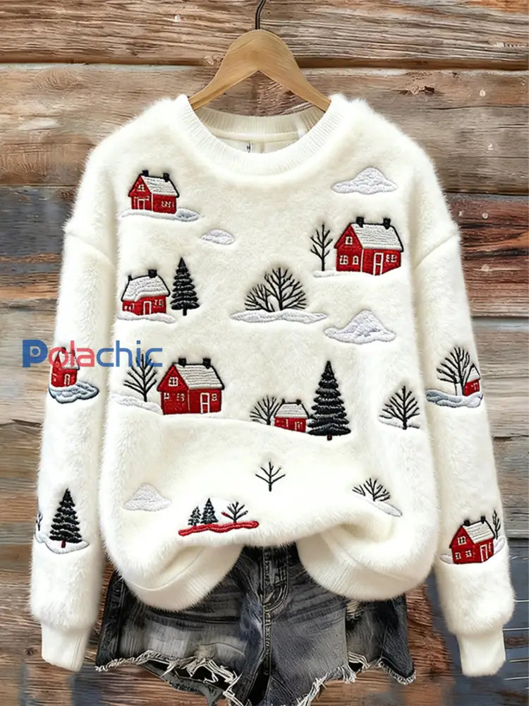 Pull décontracté en flanelle à imprimé art de Noël pour femmes comme image / S