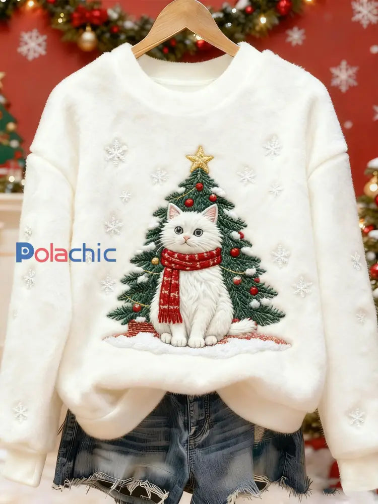 Pull décontracté en flanelle imprimé Art animal mignon de Noël pour femmes comme image / S