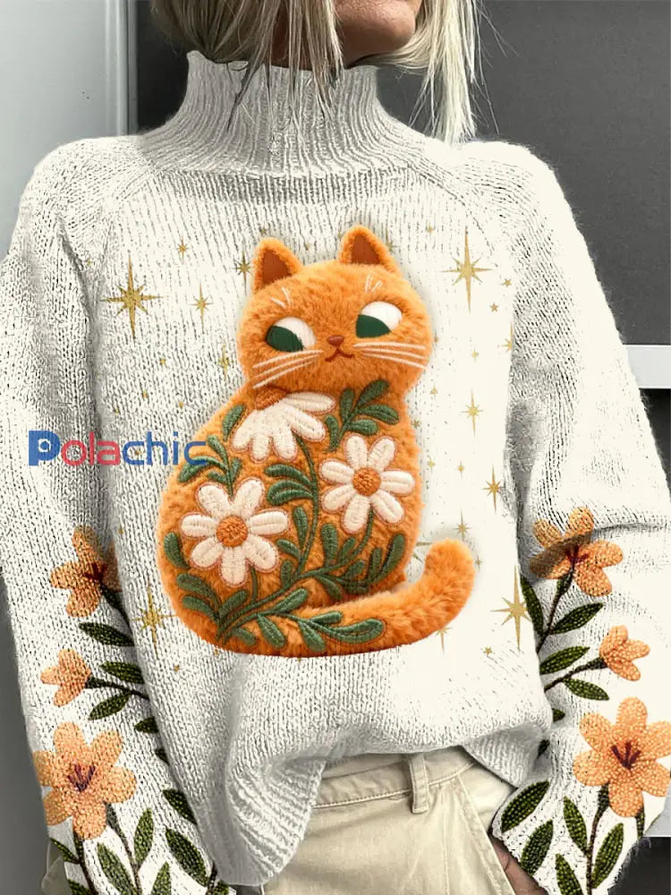 Pull décontracté pour femme chat en velours floral Abricot / S