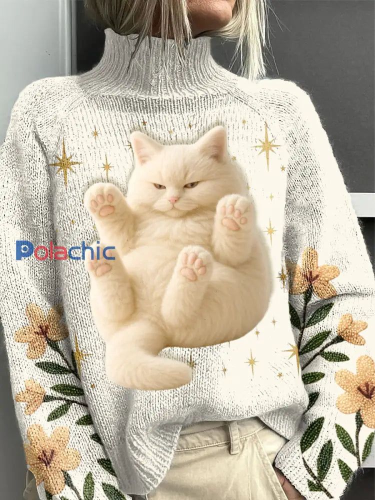 Pull décontracté pour femme Floral Cute Cat Abricot / S
