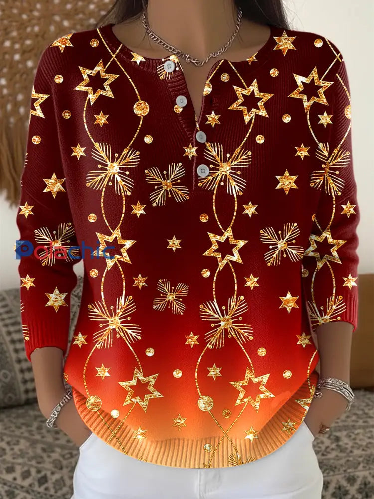 Pull dégradé à imprimé hexagonal de Noël pour femmes Vin Rouge / S