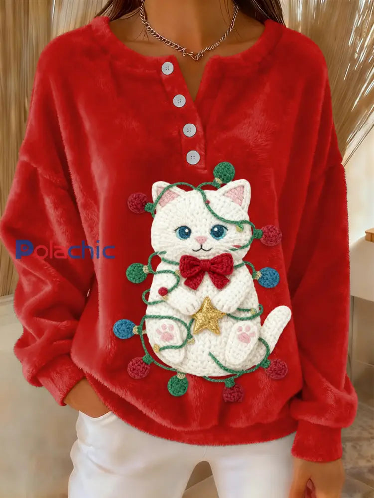 Pull en flanelle à manches longues imprimé chat mignon de Noël pour femme Rouge / S