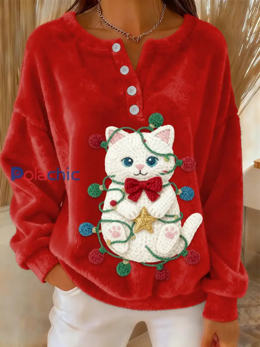 Pull en flanelle à manches longues imprimé chat mignon de Noël pour femme Rouge / S
