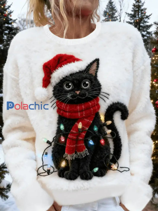Pull en flanelle décontracté à imprimé d’art chat de Noël pour femmes Blanc / S