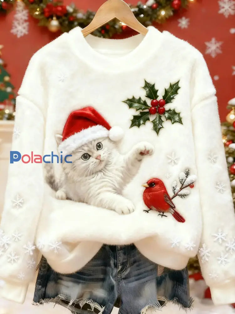 Pull en flanelle décontracté à imprimé d’art chat de Noël pour femmes Blanc / S