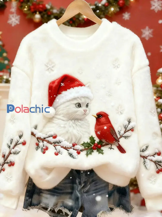 Pull en flanelle décontracté à imprimé d’art chat de Noël pour femmes Blanc / S