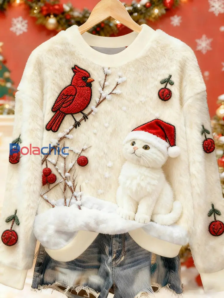 Pull en flanelle décontracté à imprimé d’art chat de Noël pour femmes Blanc / S