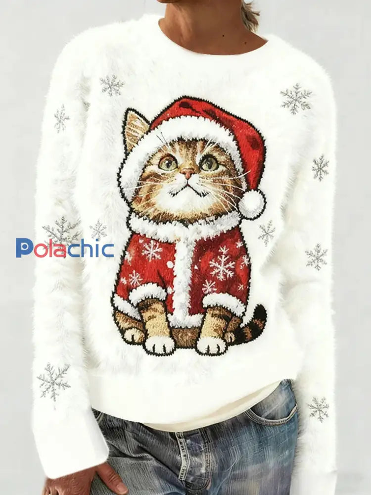 Pull en flanelle décontracté à imprimé d’art chat de Noël pour femmes Blanc / S