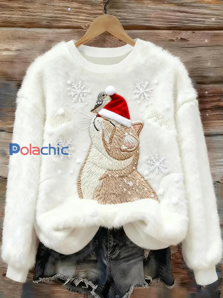 Pull en flanelle décontracté à imprimé d’art chat de Noël pour femmes Blanc / S