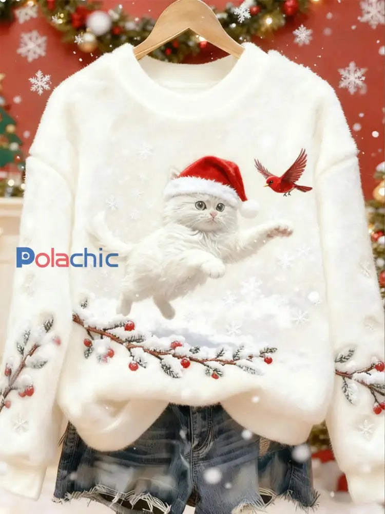 Pull en flanelle décontracté à imprimé d’art chat de Noël pour femmes Blanc / S