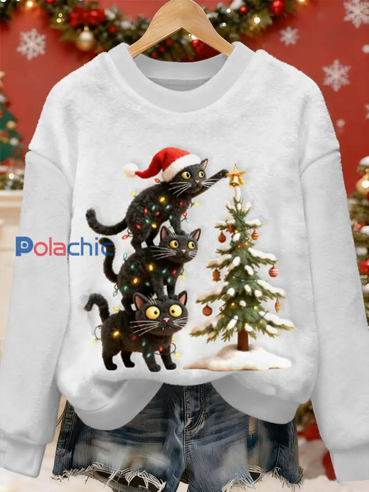 Pull en flanelle décontracté à imprimé d’art chat de Noël pour femmes Blanc / S