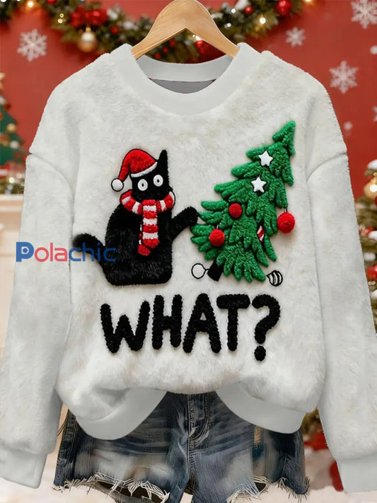 Pull en flanelle décontracté à imprimé d’art chat de Noël pour femmes Blanc / S