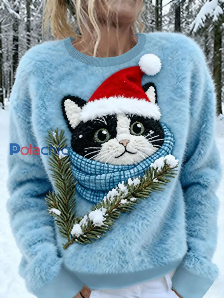 Pull en flanelle décontracté à imprimé d’art chat de Noël pour femmes Bleu / S