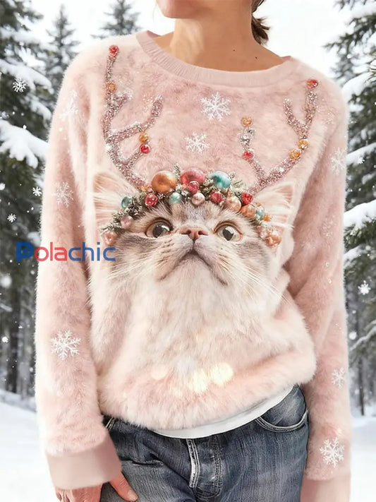 Pull en flanelle décontracté à imprimé d’art chat de Noël pour femmes Rose / S