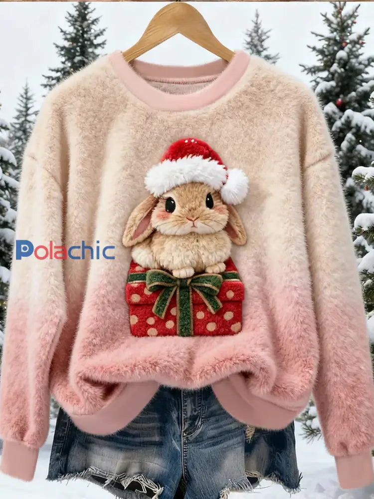 Pull en flanelle décontracté imprimé de lapin de Noël pour femmes comme image / S