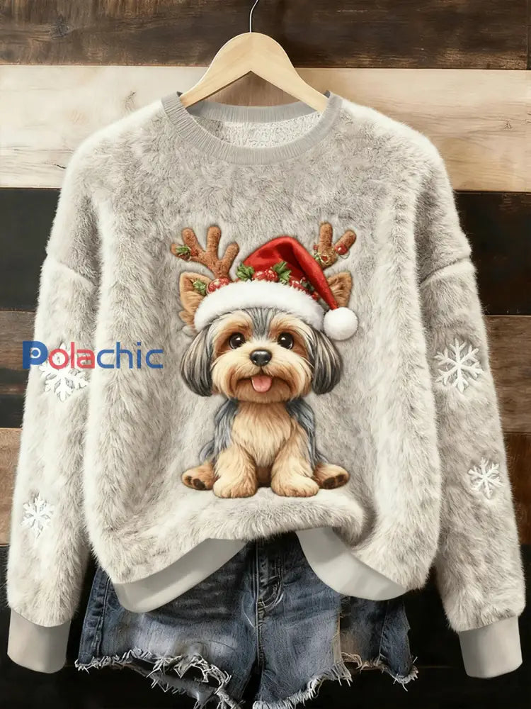 Pull en flanelle décontracté pour femmes imprimé mignon de chien de Noël comme image / S