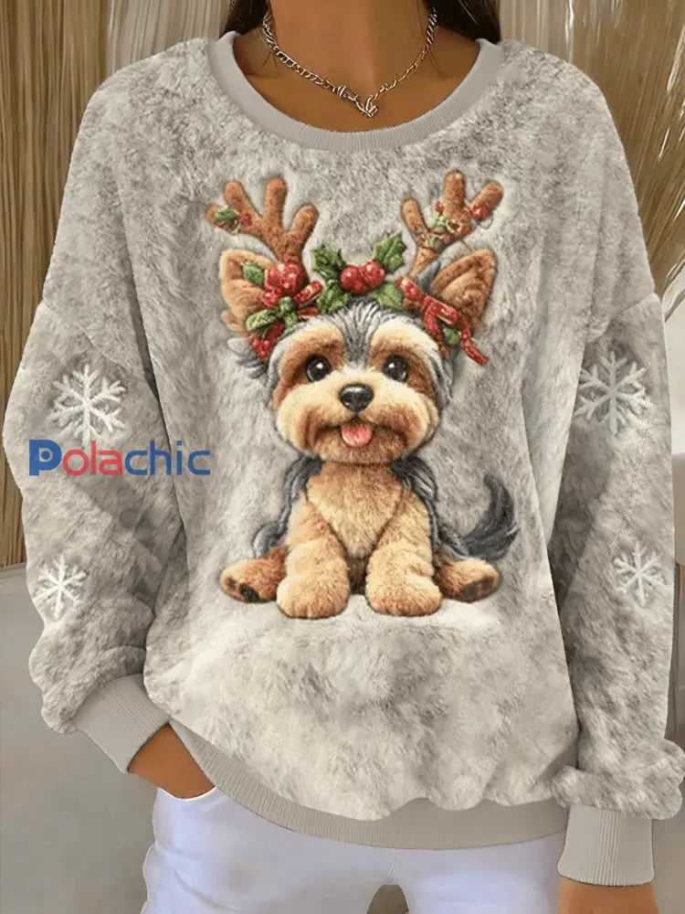 Pull en flanelle décontracté pour femmes imprimé mignon de chien de Noël comme image / S