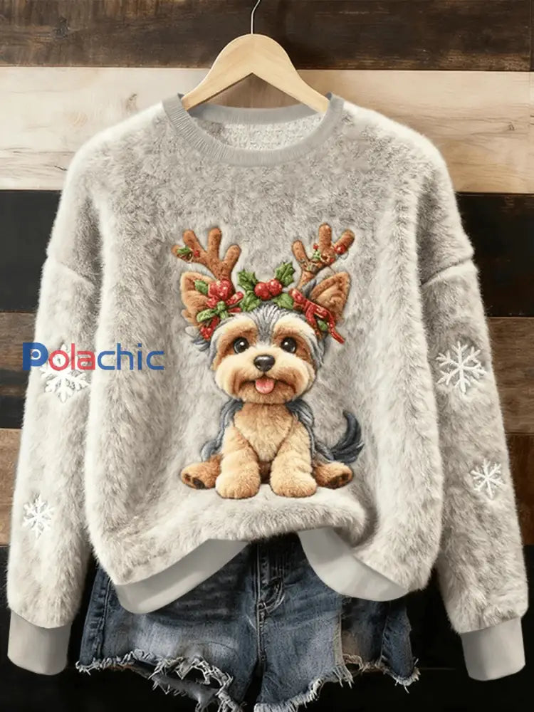 Pull en flanelle décontracté pour femmes imprimé mignon de chien de Noël comme image / S