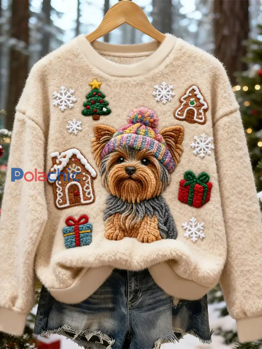 Pull en flanelle décontracté pour femmes imprimé mignon de chien de Noël comme image / S