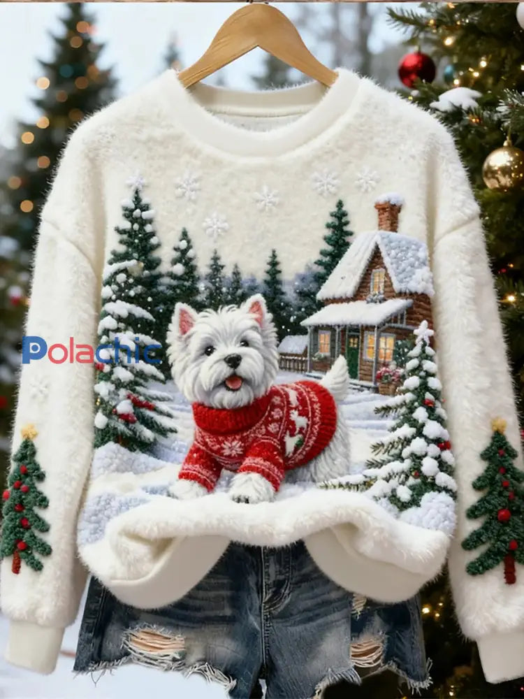 Pull en flanelle décontracté pour femmes imprimé mignon de chien de Noël comme image / S