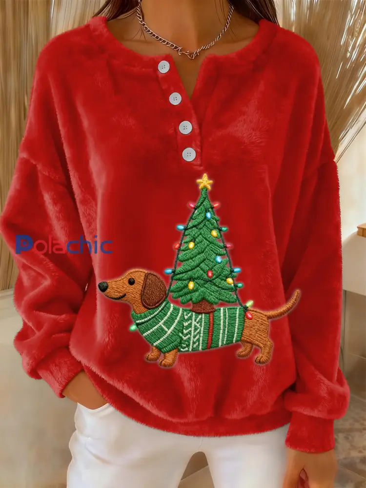 Pull en flanelle rétro à manches longues imprimé arbre de Noël teckel mignon pour femme Rouge / S