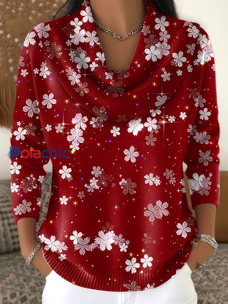 Pull en imitation imprimé floral de Noël pour femmes Vin Rouge / S