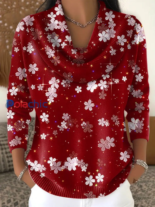 Pull en imitation imprimé floral de Noël pour femmes Vin Rouge / S
