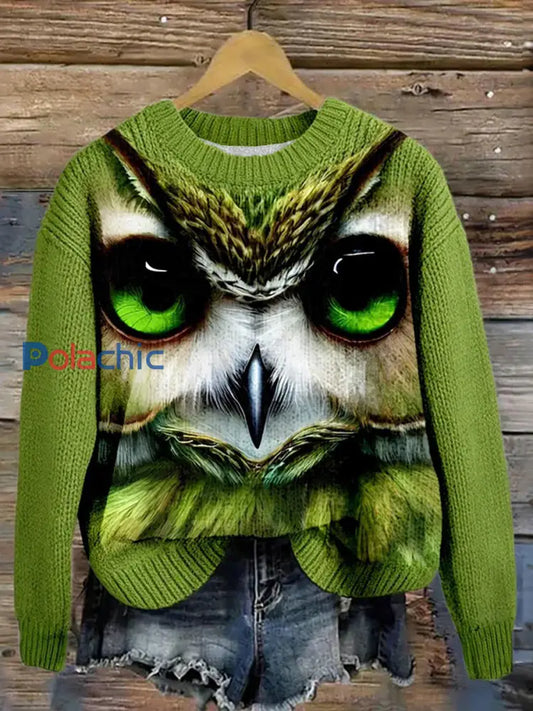 Pull en tricot à col rond en hiver Forest Owl pour femme comme image / S