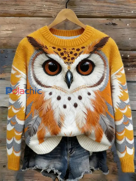 Pull en tricot à col rond en hiver Forest Owl pour femme comme image / S