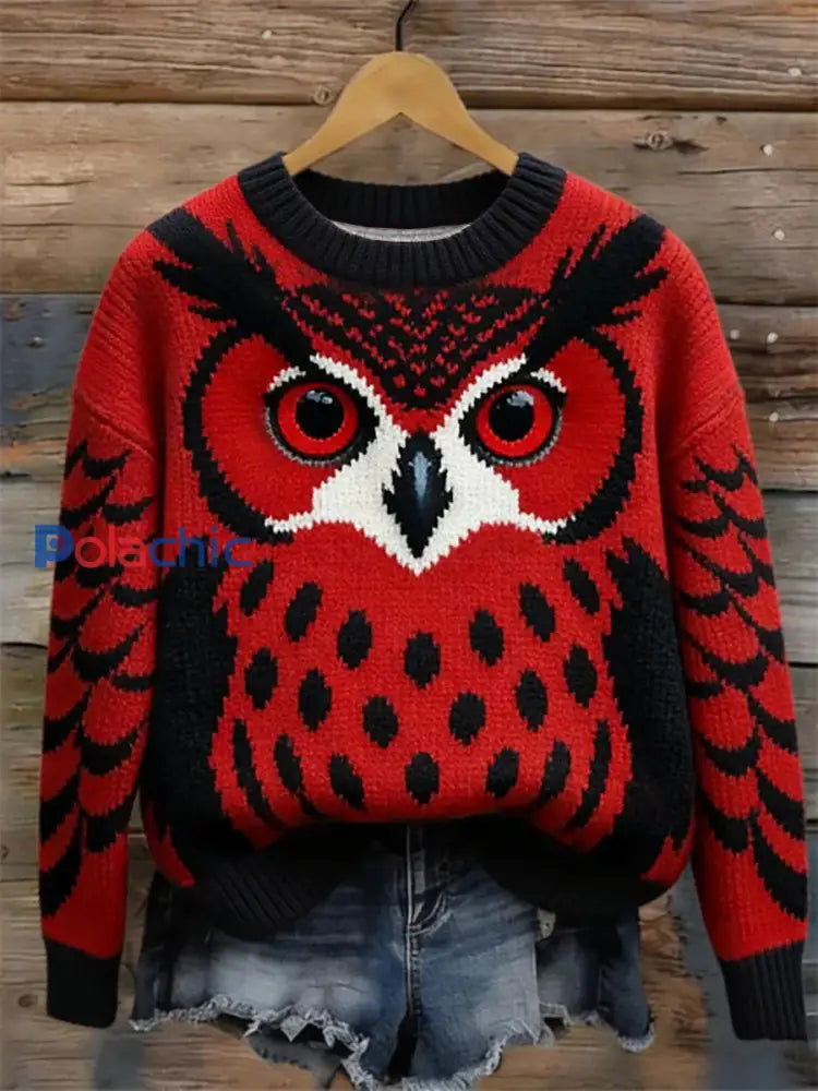 Pull en tricot à col rond en hiver Forest Owl pour femme comme image / S