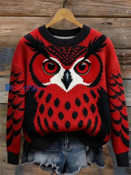 Pull en tricot à col rond en hiver Forest Owl pour femme comme image / S