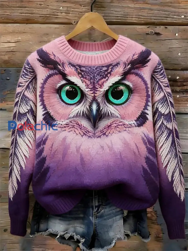 Pull en tricot à col rond en hiver Forest Owl pour femme comme image / S
